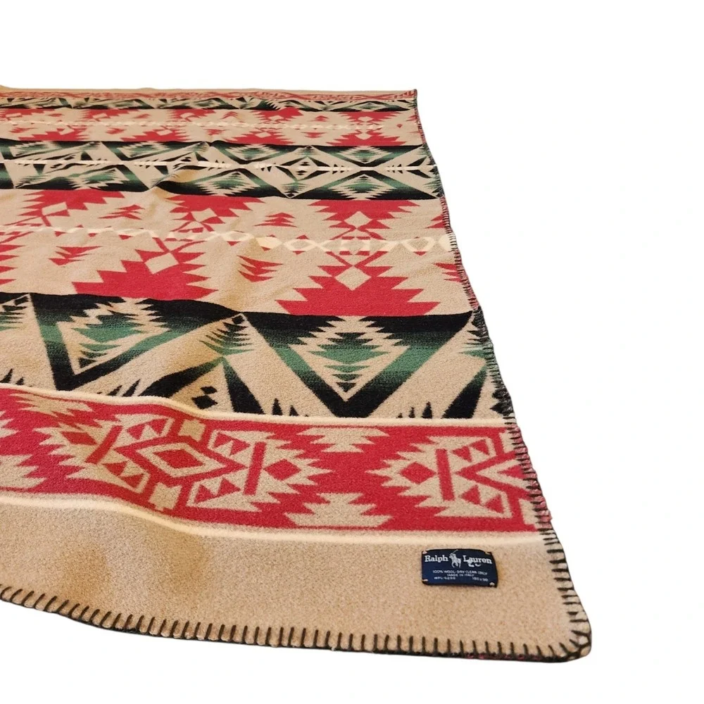 Vtg 80's Ralph Lauren Italian Wool Blanket Southwest Aztec 90x104 Geometric Read